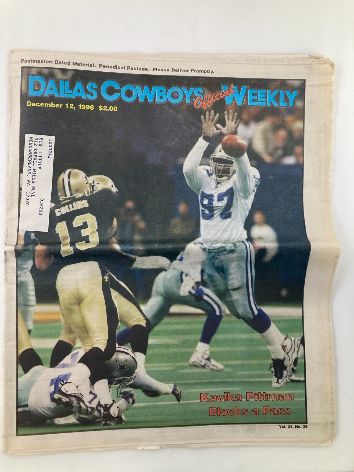 Cover of Dallas Cowboys Weekly Newspaper December 12, 1998 Vol 24 #26 featuring Kavika Pittman throwing a pass against the New Orleans Saints.