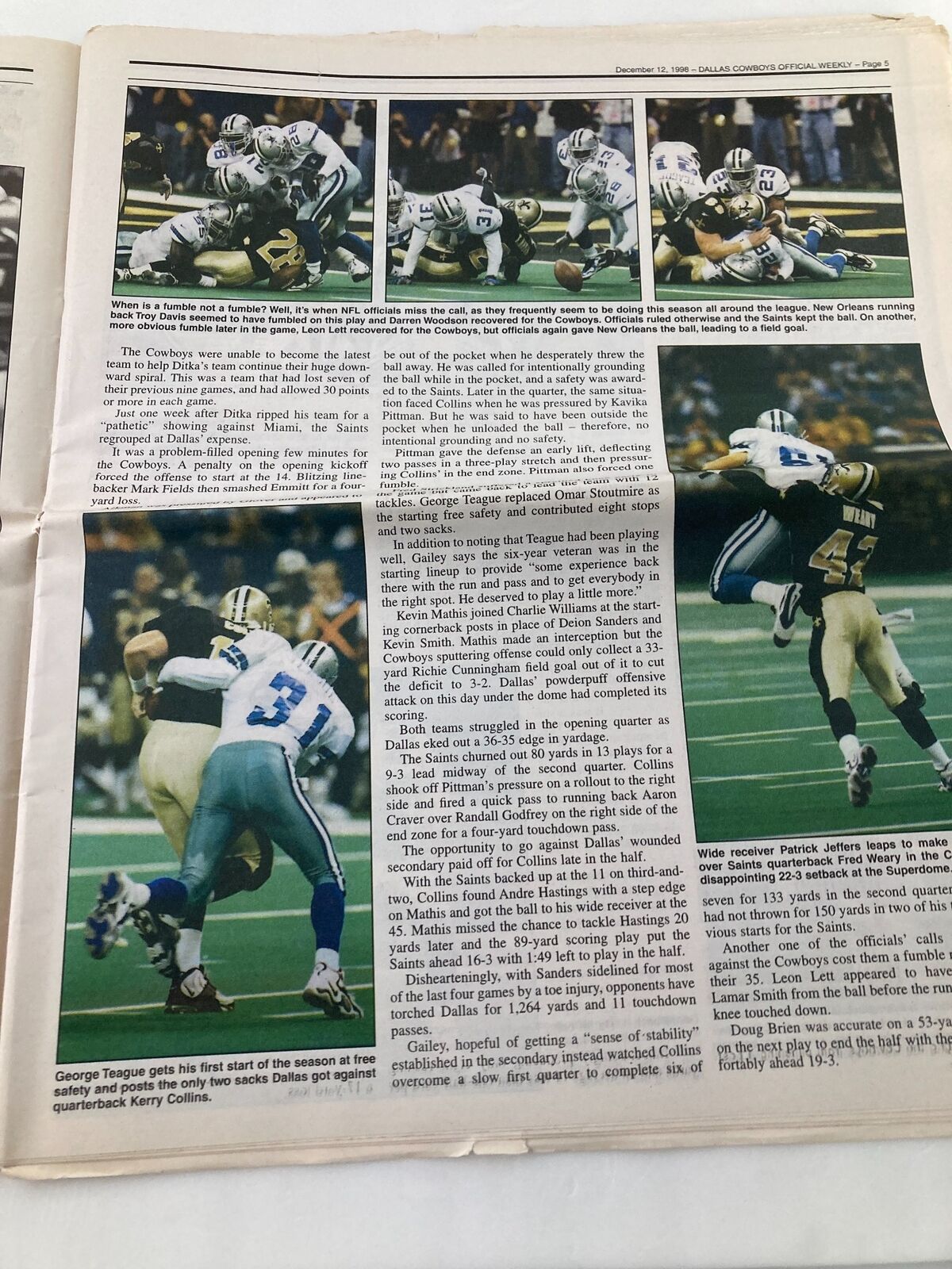 Game analysis page from Dallas Cowboys Weekly Newspaper December 12, 1998 Vol 24 #26 covering the Cowboys' performance against the Saints.