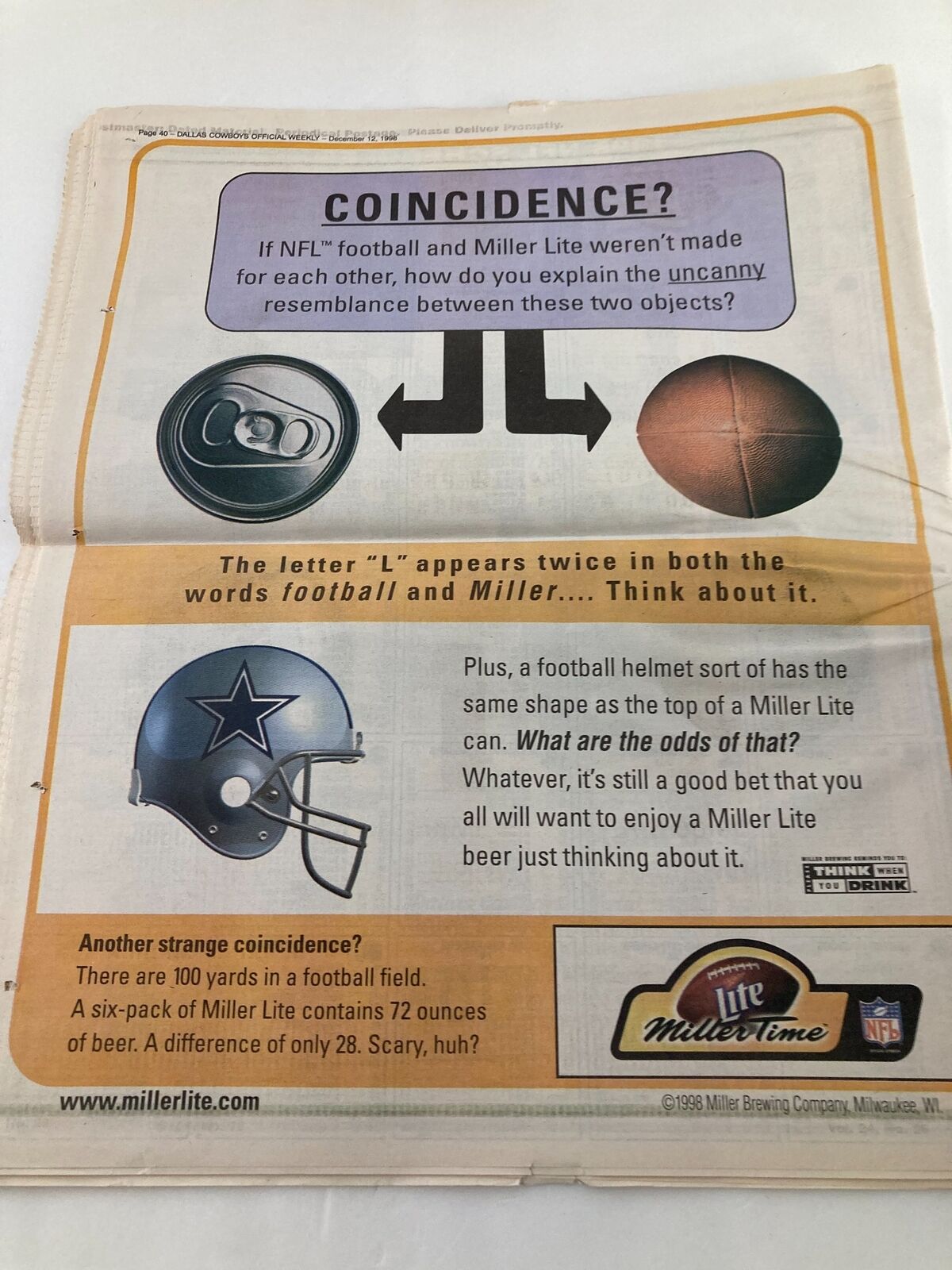 Dallas Cowboys Weekly Newspaper December 12 1998 Vol 24 #26 Kavika Pittman featuring an advertisement humorously comparing a football and a Miller Lite beer, highlighting the letter 'L' in both words and claiming coincidences related to football and beer.