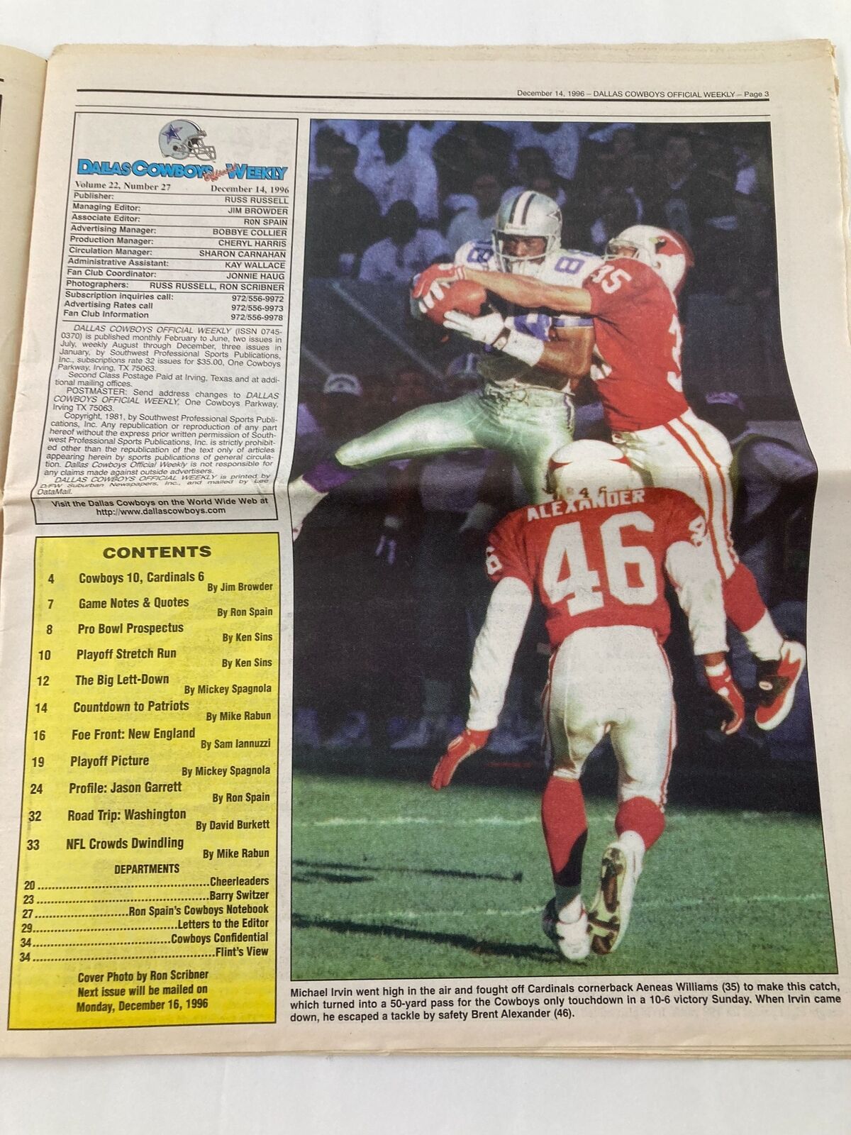 Inside page of the Dallas Cowboys Weekly Newspaper December 14 1996 Vol 22 #27 displaying the contents and featuring a photograph of Michael Irvin making a catch against the Cardinals.