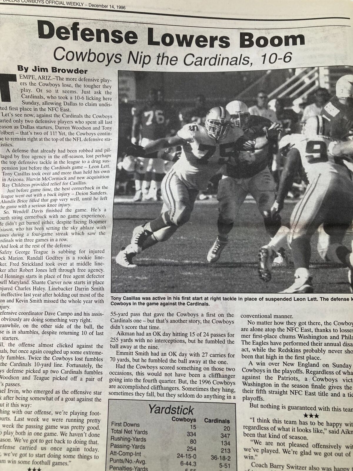 Dallas Cowboys Weekly Newspaper December 14 1996 Vol 22 #27 article titled 'Defense Lowers Boom' with a focus on the Cowboys defense in a game against the Cardinals.