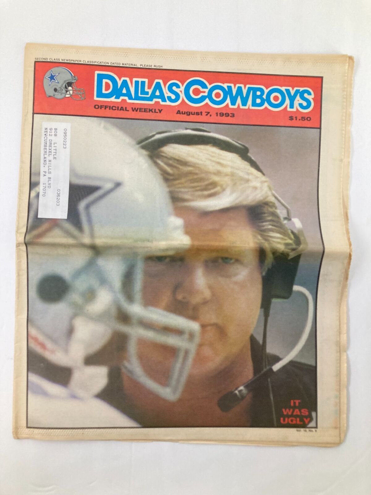 Dallas Cowboys Weekly Newspaper cover from August 7, 1993, featuring a featured focus on a coach and a helmet. Volume 19 #8 with the headline 'IT WAS UGLY'.