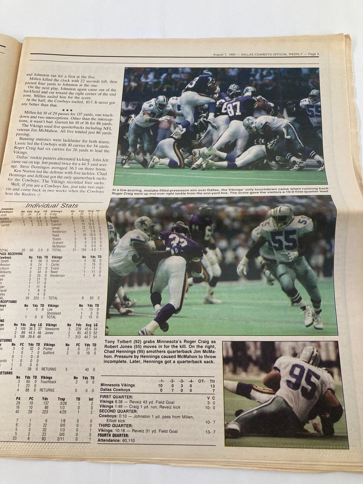 Dallas Cowboys Weekly Newspaper August 7 1993 Vol 19 #8 Daryl Johnston, containing images and statistics from the Cowboys vs Vikings game, highlighting key plays and player performances.