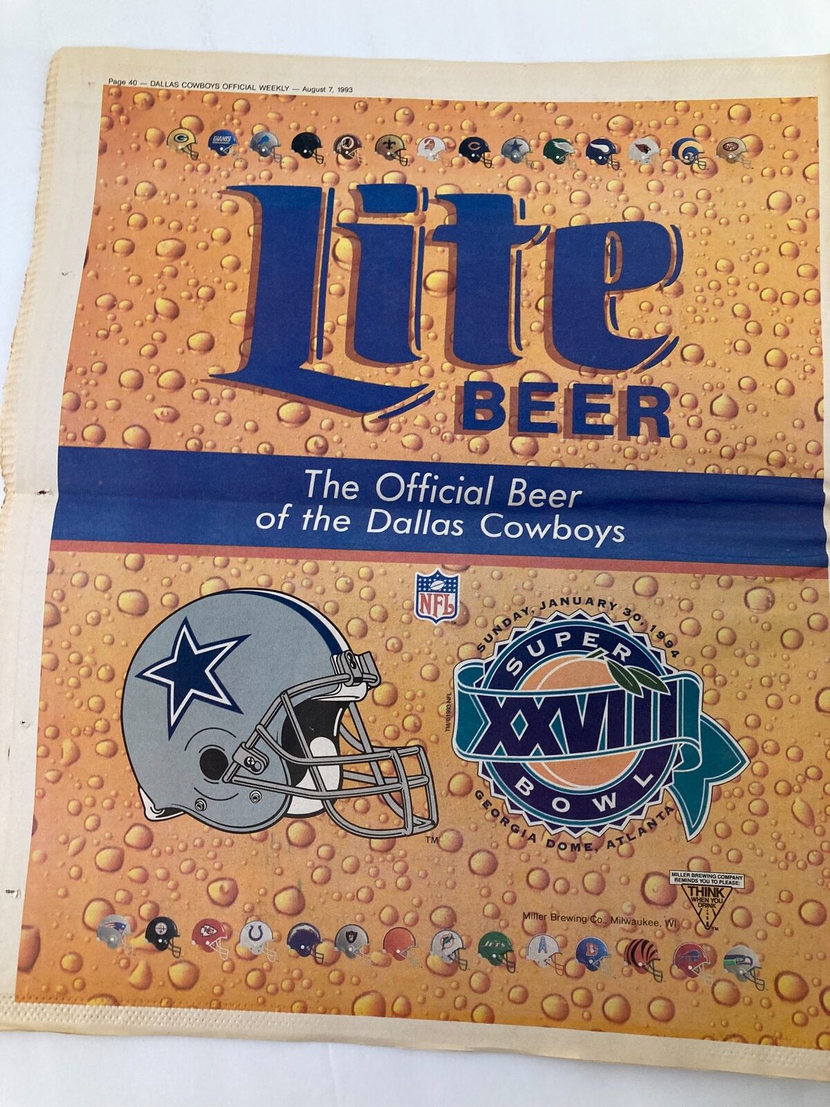 Dallas Cowboys Weekly Newspaper August 7 1993 Vol 19 #8 Daryl Johnston, showcasing a promotional advertisement for Lite Beer, the official beer of the Dallas Cowboys, with logos and imagery relevant to the team.