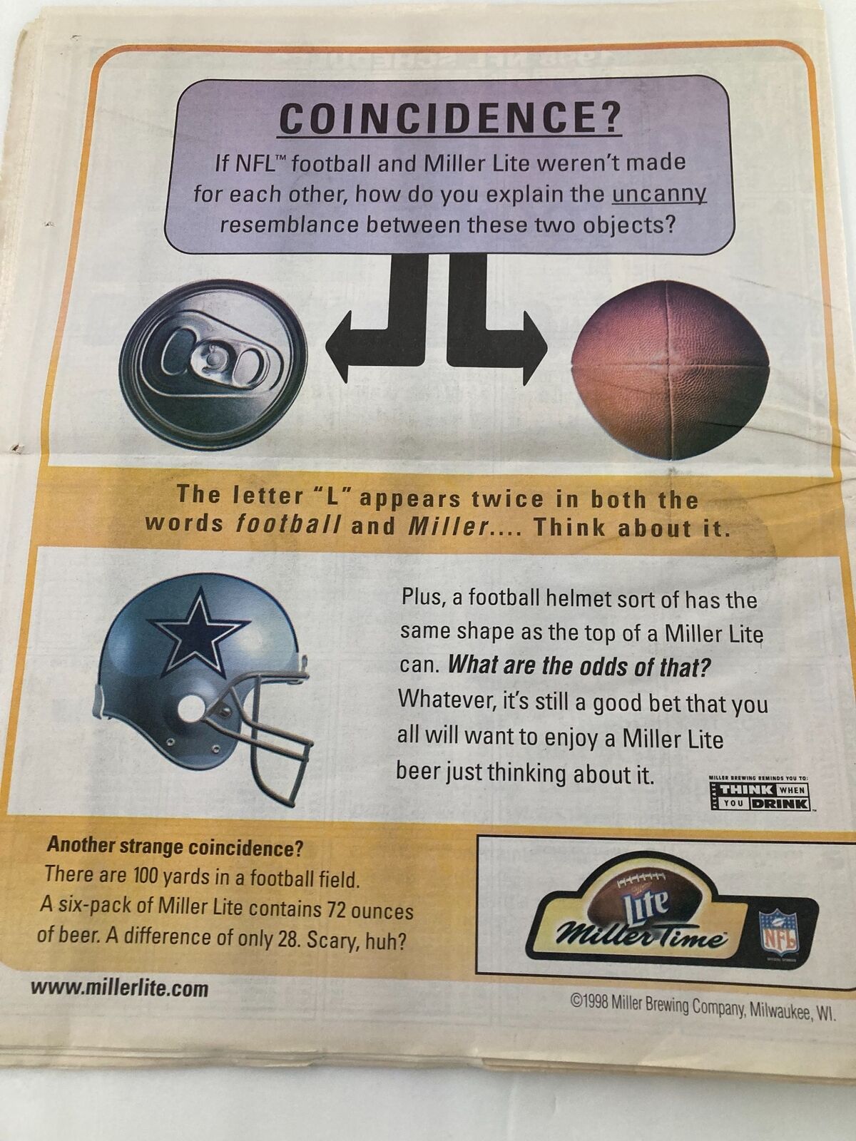 Dallas Cowboys Weekly Newspaper July 1998 Vol 24 #6 advertisement page discussing coincidences between NFL football and Miller Lite beer.