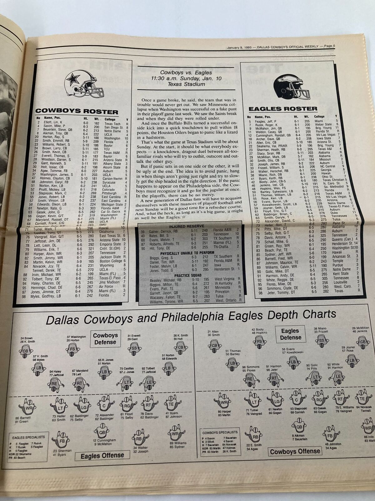 Illustration from the Dallas Cowboys Weekly Newspaper January 9 1993 Vol 18 #30 Troy Aikman featuring Cowboys and Eagles rosters and depth charts.