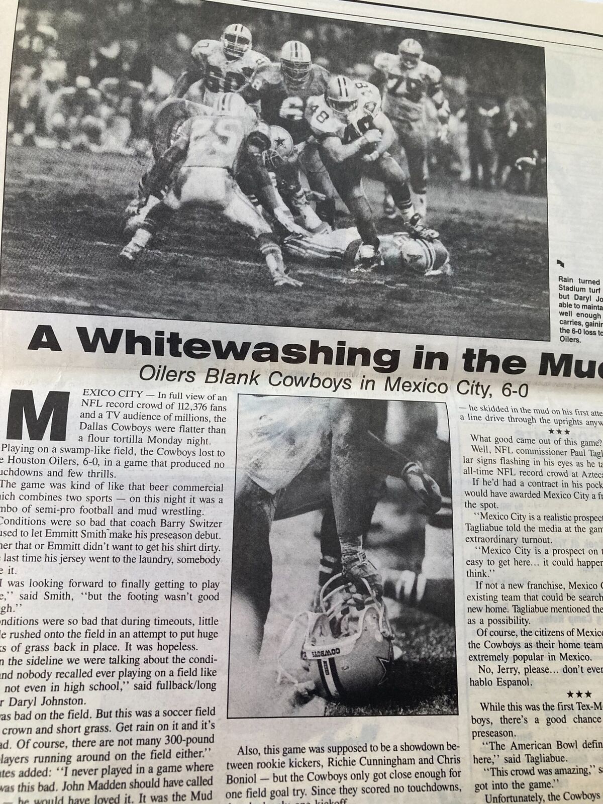 Dallas Cowboys Weekly Newspaper August 20, 1994, reporting on an NFL game where the Oilers blank the Cowboys in Mexico City. The image captures the intensity of the game.
