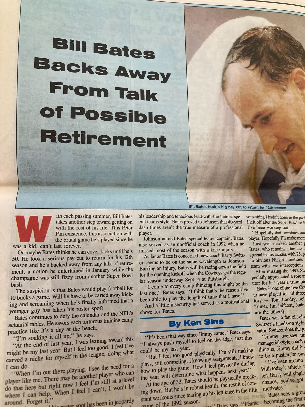 Dallas Cowboys Weekly Newspaper August 20, 1994, featuring Bill Bates discussing his career and retirement possibilities. The article sheds light on Bates' journey with the team.