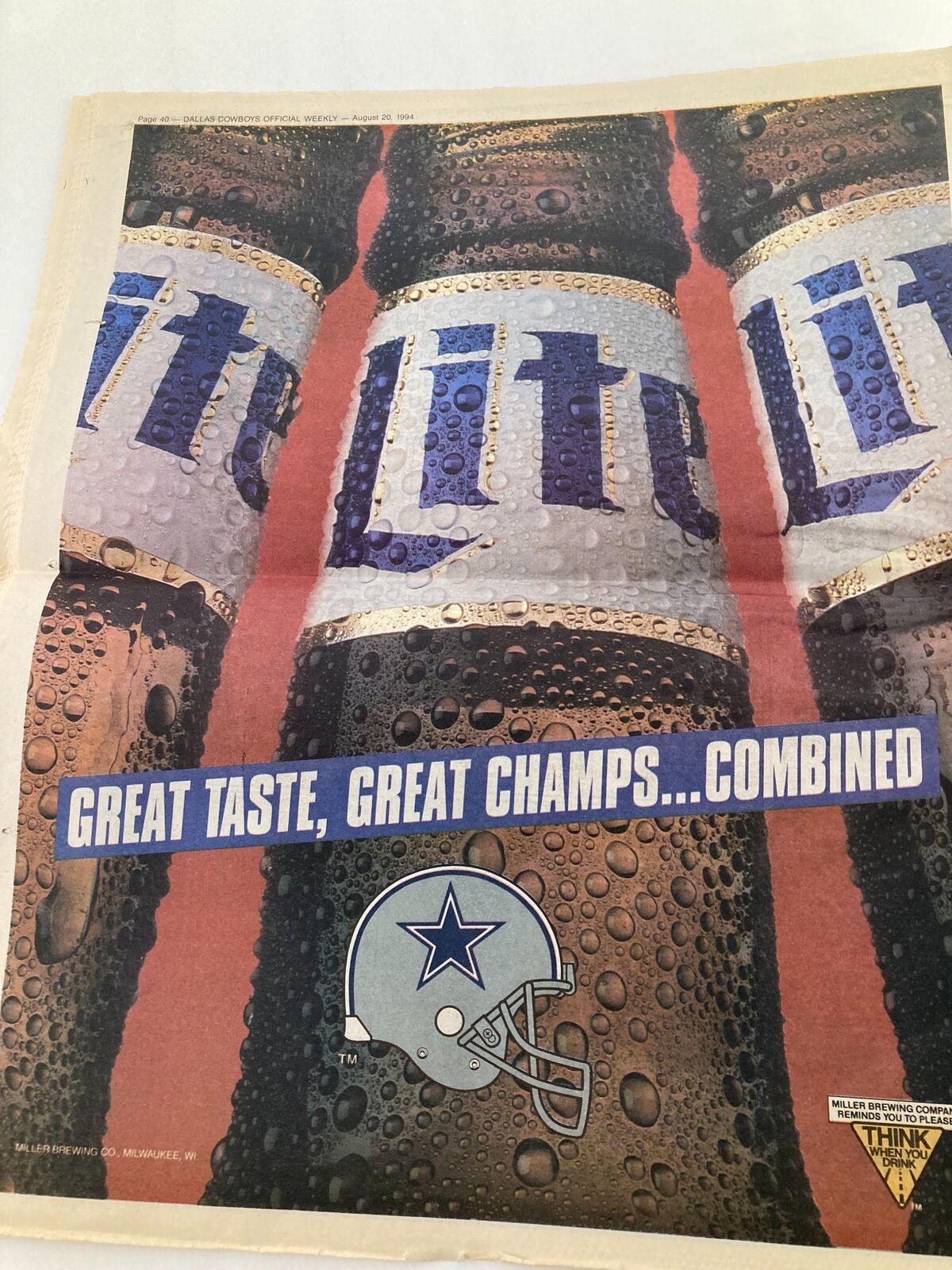 Dallas Cowboys Weekly Newspaper August 20 1994 Vol 20 #10 featuring an advertisement with the text 'Great Taste, Great Champs... Combined' alongside an image of frosty beer bottles in the background.