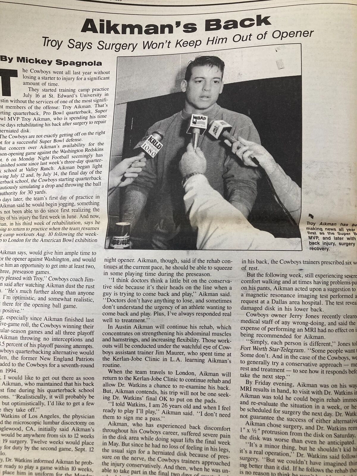Dallas Cowboys Weekly Newspaper July 24 1993 Vol 19 #6 featuring an article titled 'Aikman's Back' with Troy Aikman, as he addresses the media about his recovery from surgery, illustrating the challenges faced by NFL players.