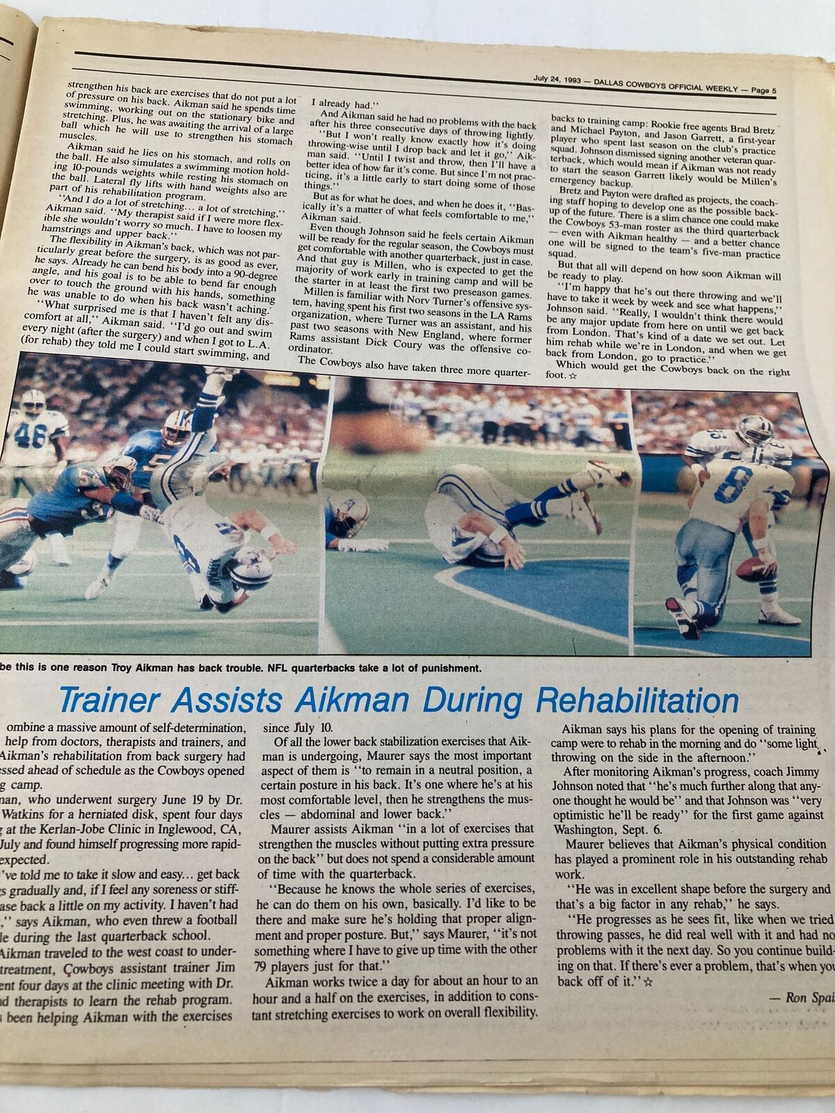 Dallas Cowboys Weekly Newspaper July 24 1993 Vol 19 #6 showcasing a detailed article on Troy Aikman's rehabilitation process, including images of Aikman during training exercises indicating the physical demands of being an NFL quarterback.