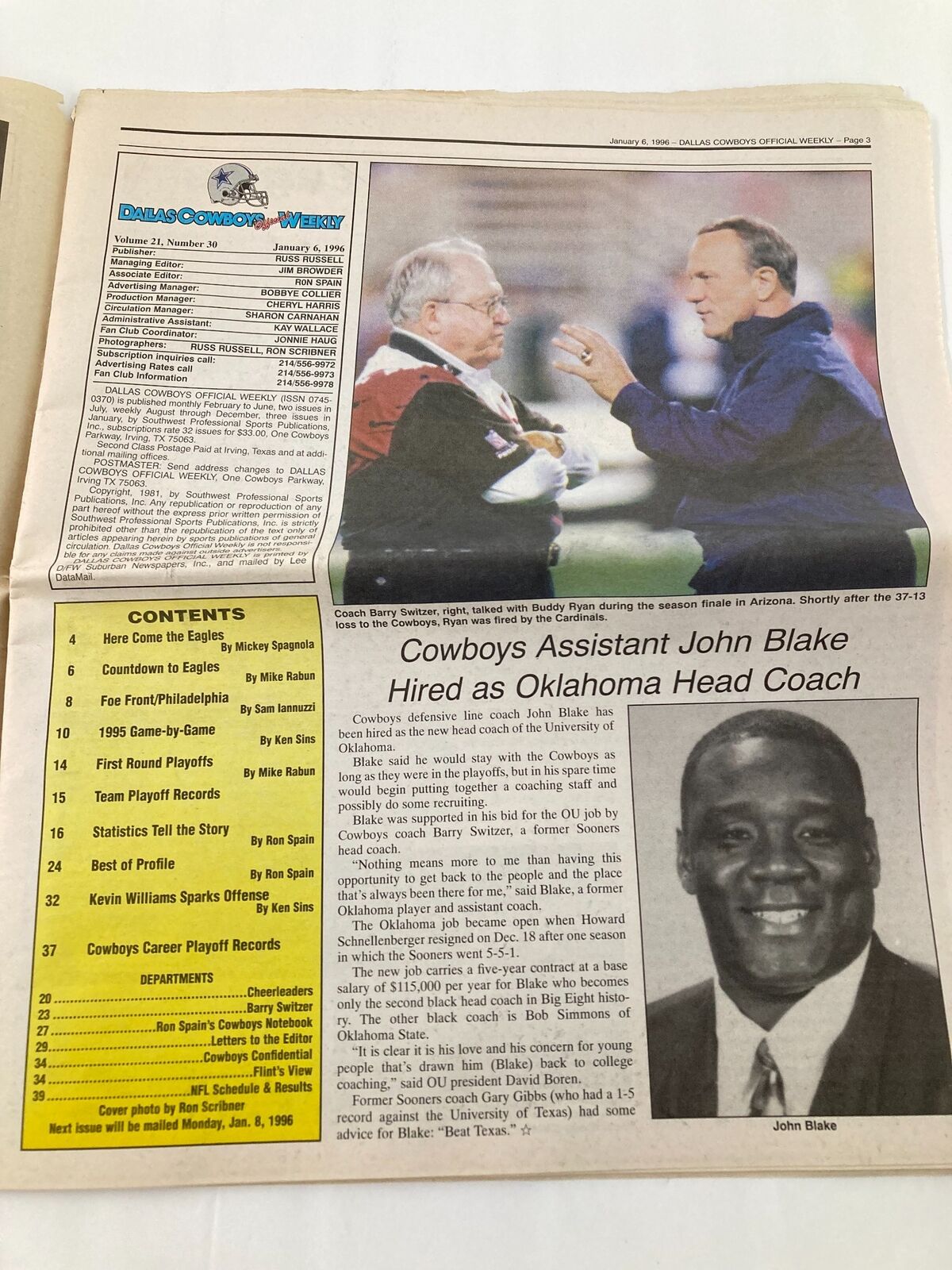 Additional interior page from the Dallas Cowboys Weekly Newspaper January 6 1996 Vol 21 #30, showcasing statistics and player records related to the Cowboys.