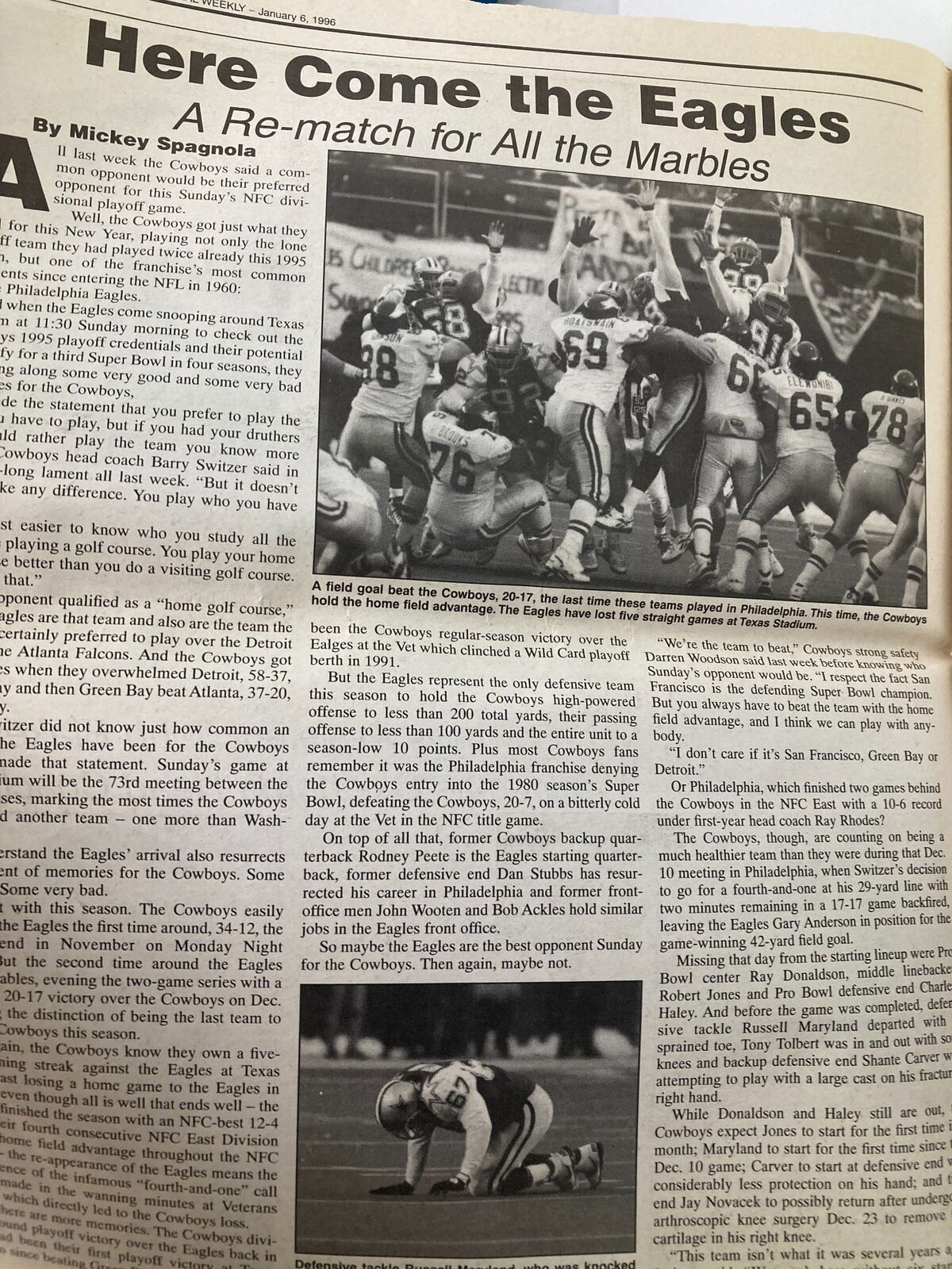 Dallas Cowboys Weekly Newspaper January 6 1996 Vol 21 #30 Troy Aikman showing a detailed article about the Cowboys' performance against the Eagles.