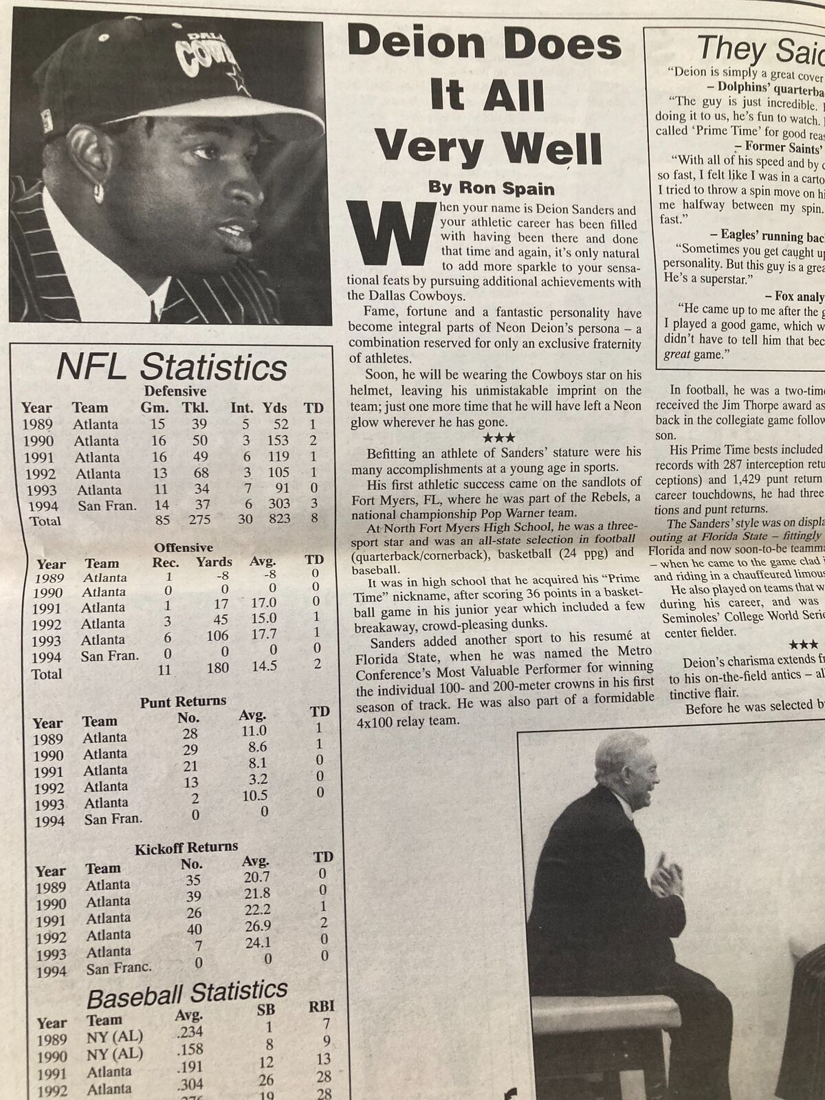 Dallas Cowboys Weekly Newspaper September 23 1995 featuring an article about Deion Sanders with NFL statistics and player highlights.