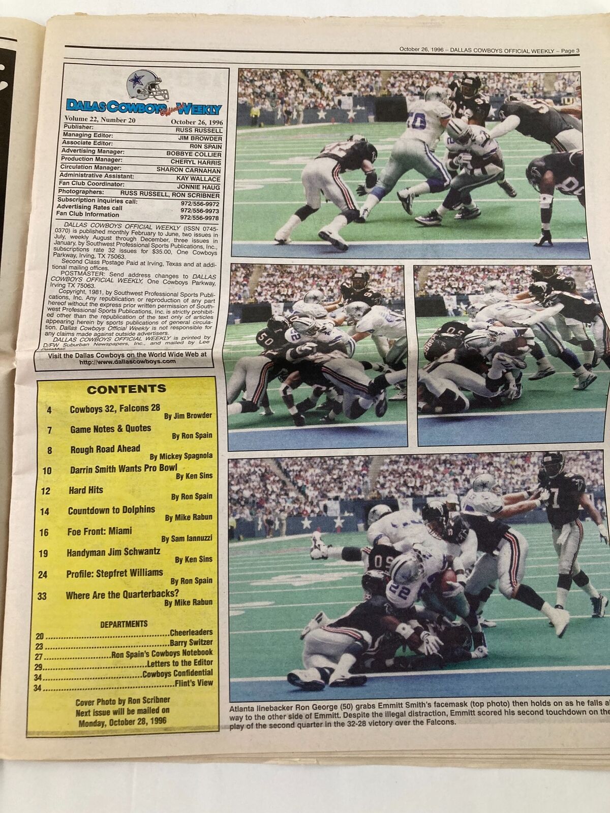 Additional content pages from the Dallas Cowboys Weekly Newspaper dated October 26, 1996, Vol 22 #20, showing game summaries and player performances.