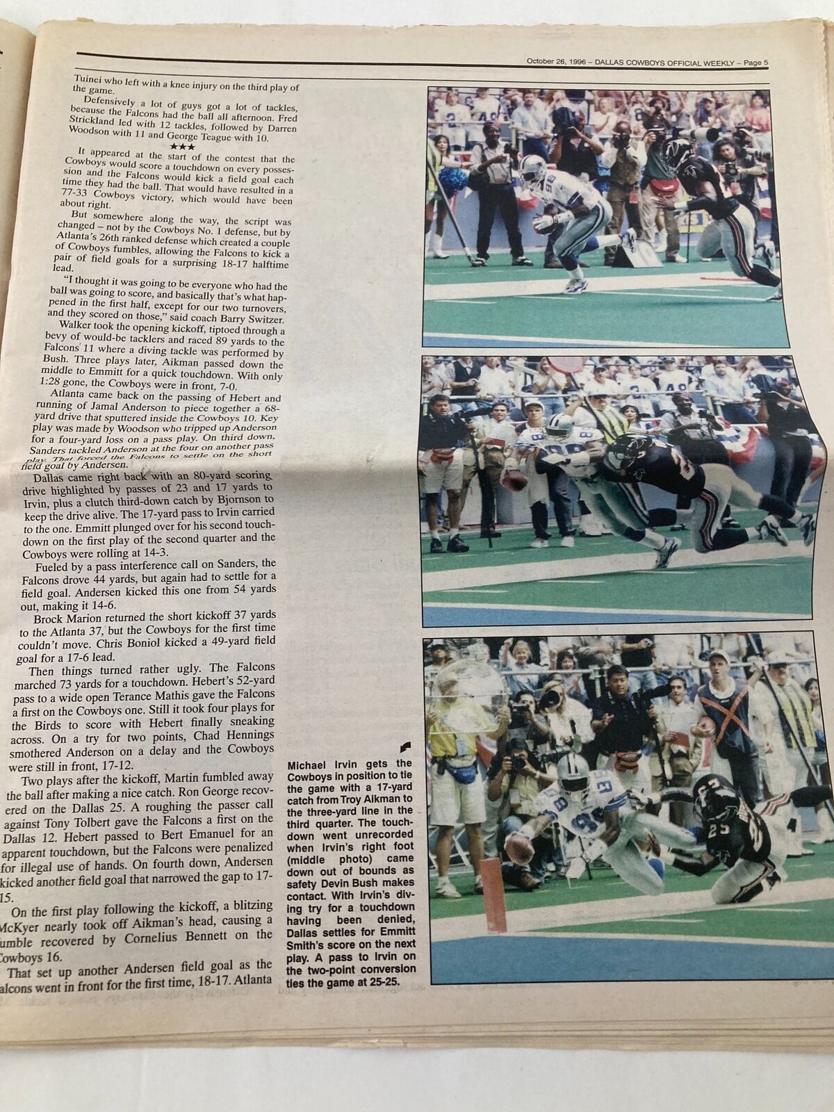 Dallas Cowboys Weekly Newspaper October 26 1996 Vol 22 #20 Herschel Walker with images depicting key moments from the game including player actions and fan reactions.