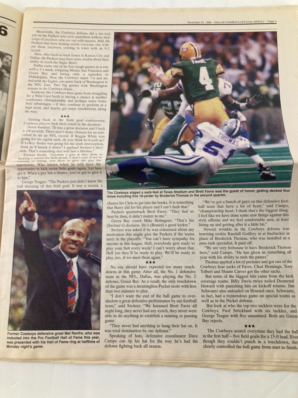 Inside page featuring an analysis of the Cowboys' performance against the Packers, from the Dallas Cowboys Weekly Newspaper, November 23, 1996.