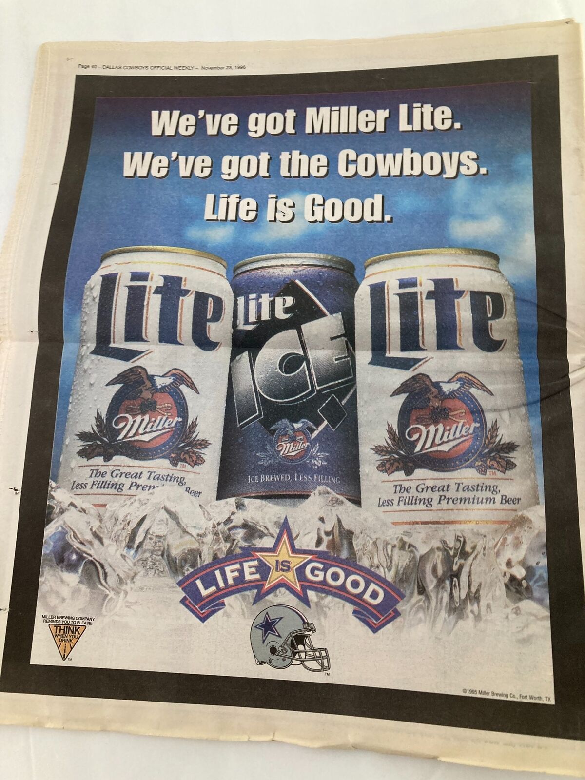 Advertisement page from the Dallas Cowboys Weekly Newspaper dated November 23, 1996, promoting Miller Lite beer with a football theme.
