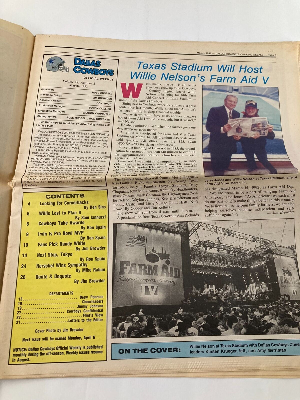 Inside page of the Dallas Cowboys Weekly Newspaper from March 1992, detailing Texas Stadium hosting Willie Nelson's Farm Aid V, with the title 'Dallas Cowboys Weekly Newspaper March 1992 Vol 18 #2 Looking for Cornerbacks' visible.