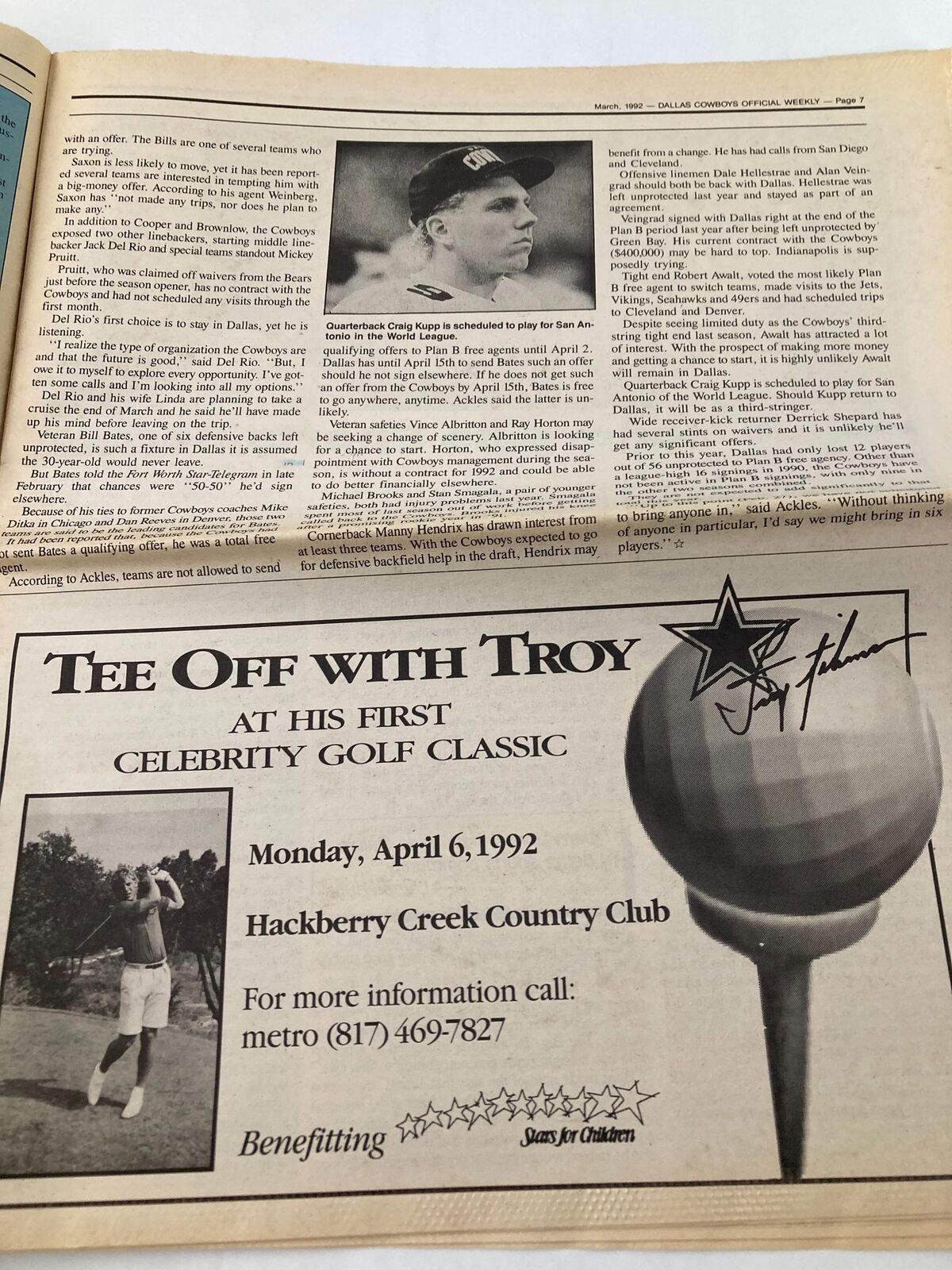 Dallas Cowboys Weekly Newspaper March 1992 Vol 18 #2 Looking for Cornerbacks, showcasing ads and community events, including Tee Off with Troy golf event.