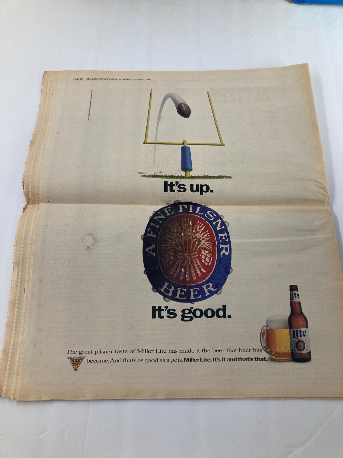 Dallas Cowboys Weekly Newspaper March 1992 Vol 18 #2 Looking for Cornerbacks, displaying a vintage Miller Lite advertisement on the back page.