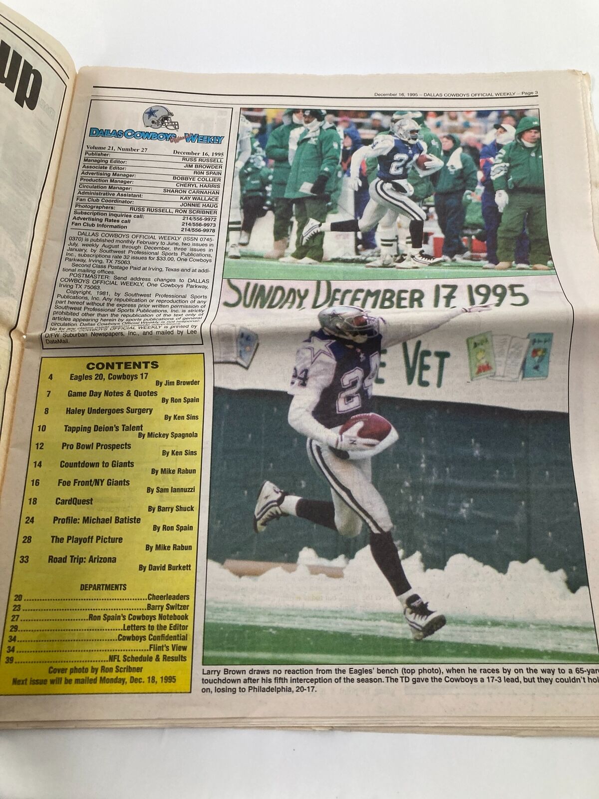 Dallas Cowboys Weekly Newspaper December 16, 1995, Vol 21 #27 showcasing content about the team's performance and upcoming games, including an image of Larry Brown reacting from the bench during the snowy game.