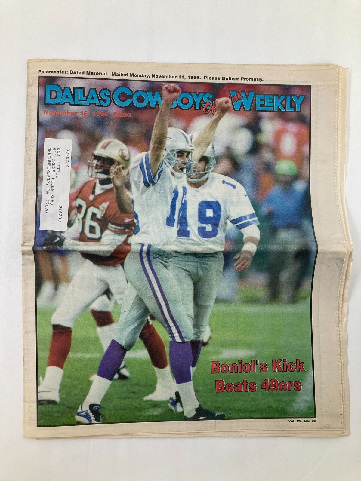 Dallas Cowboys Weekly Newspaper November 16 1996 Vol 22 #23 showing Chris Boniol in action during the game against the 49ers, highlighting his pivotal kick.