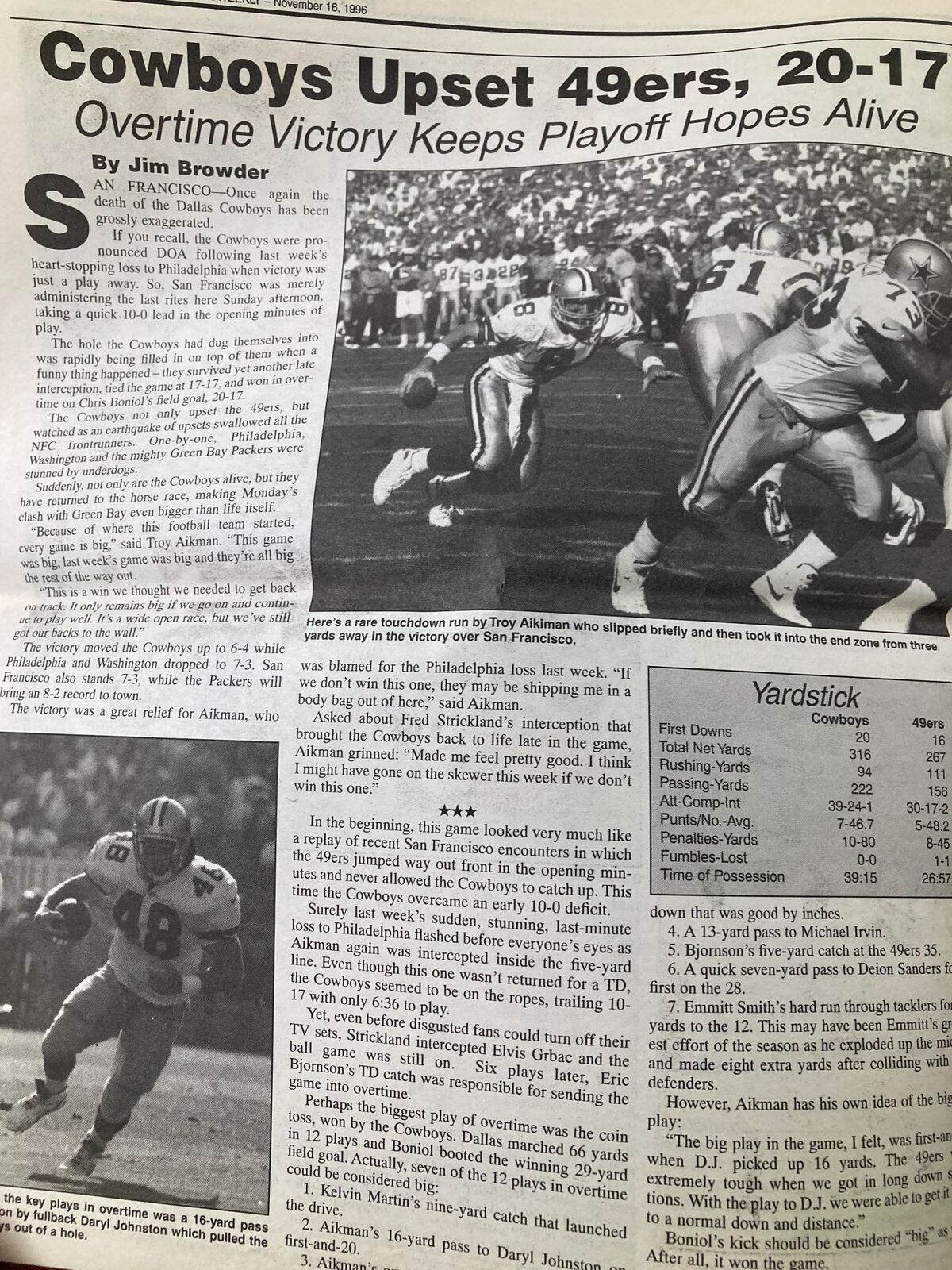 Dallas Cowboys Weekly Newspaper November 16 1996 Vol 22 #23 featuring an article about the Cowboys' overtime victory against the 49ers, highlighting key plays and statistics.