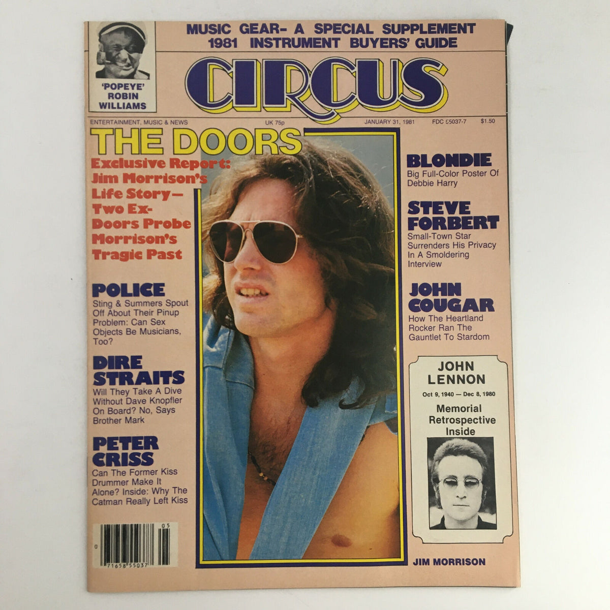 Cover of Circus Magazine January 31, 1981 featuring Jim Morrison and a tribute to John Lennon, showcasing iconic figures in rock music.