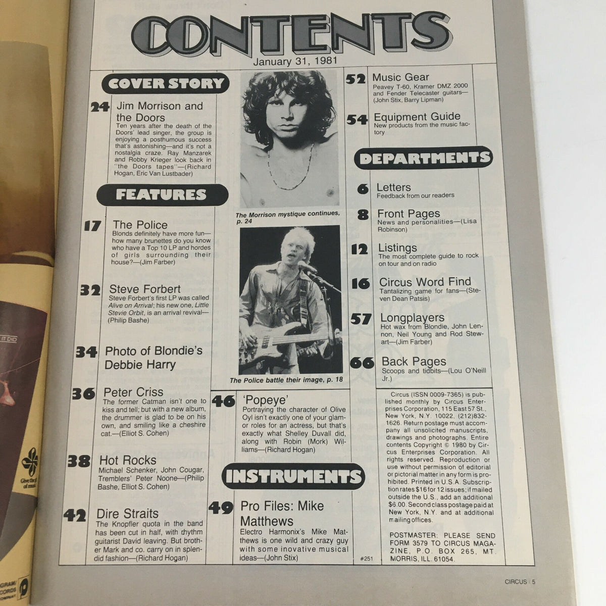 Contents page of Circus Magazine January 31, 1981, highlighting articles on Jim Morrison, The Police, and Steve Forbert along with a special tribute.