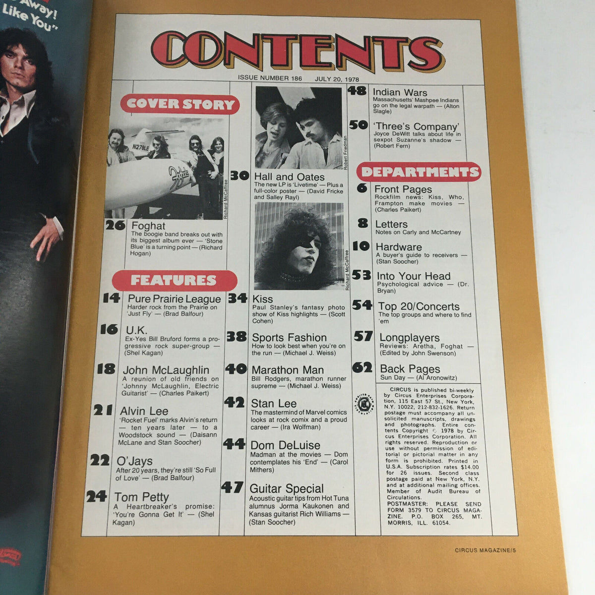 Contents page of Circus Magazine July 20 1978 showcasing features including Foghat, Hall and Oates, and Kiss, reflecting the era's music culture.
