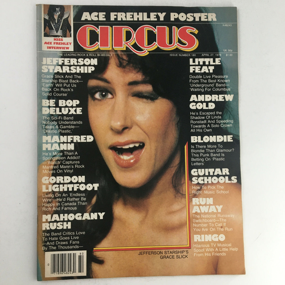 Circus Magazine cover from April 27, 1978, featuring Grace Slick from Jefferson Starship and Kiss' Ace Frehley poster. Includes headlines about popular rock artists.