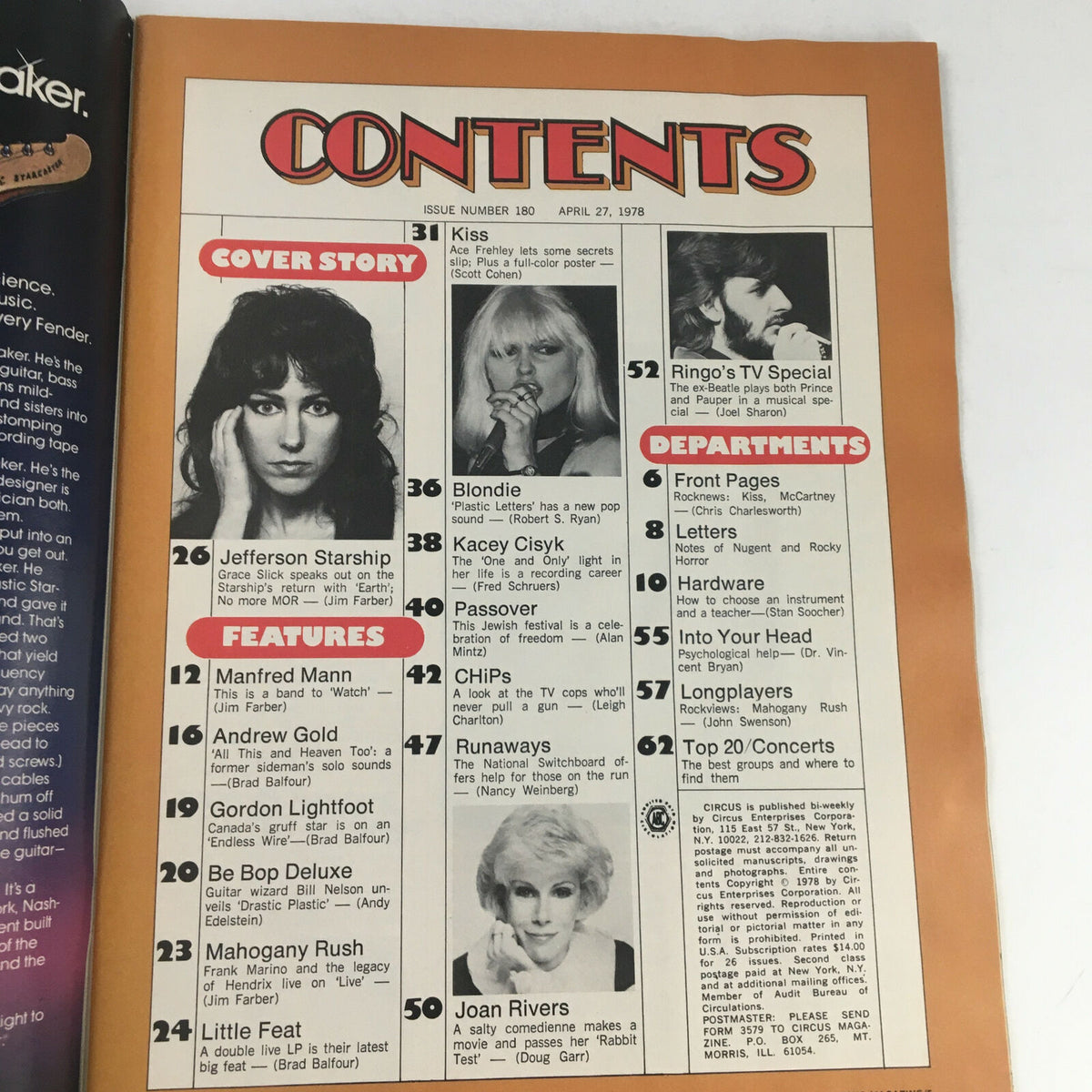 Contents page of Circus Magazine, April 27, 1978, listing features including Grace Slick and other notable artists of the 1970s.
