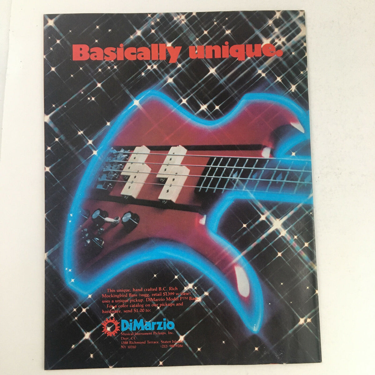 Circus Magazine February 19 1980 promotional page for B.C. Rich Mockingbird Bass guitar, highlighting the unique design and features for music enthusiasts.