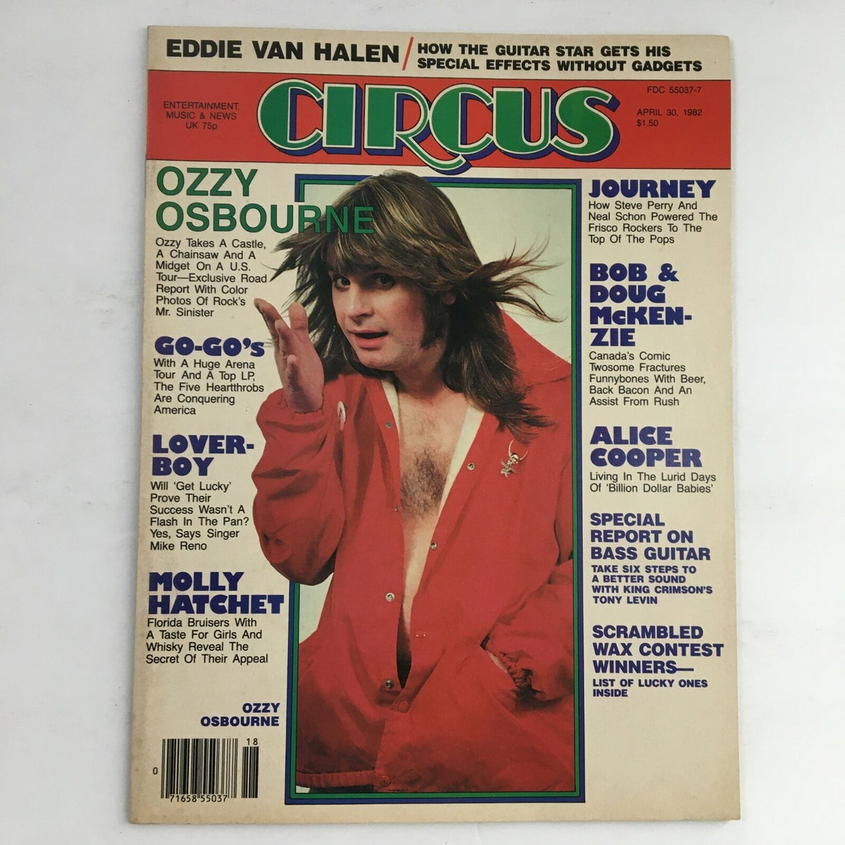 Circus Magazine cover from April 30, 1982 featuring Ozzy Osbourne. The magazine highlights interviews with rock legends and includes features on Steve Perry, Neal Schon, and other prominent musicians of the era.