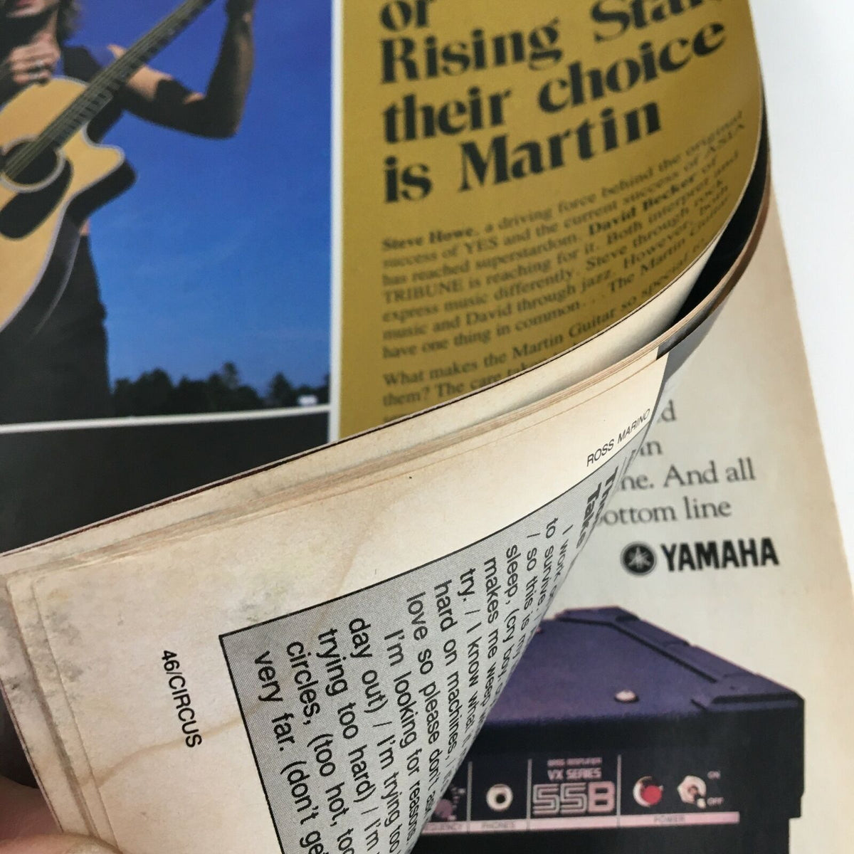 Close-up of a page from Circus Magazine December 31, 1984 showcasing a musician with a Martin guitar, highlighting the magazine's focus on music gear and instruments.