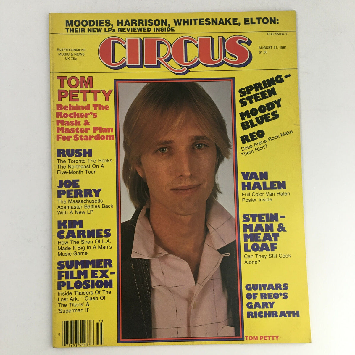 Circus Magazine August 31 1981 featuring Tom Petty on the cover, showcasing articles on music, including Meat Loaf and other artists, in a vintage collectible format.