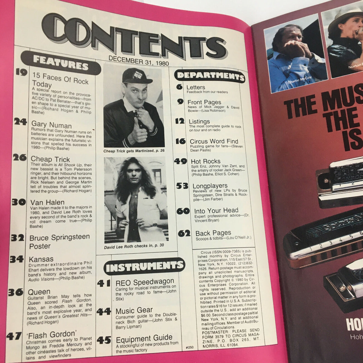 Contents page of Circus Magazine December 31 1980 outlining features on rock stars including Bruce Springsteen and Gary Numan.