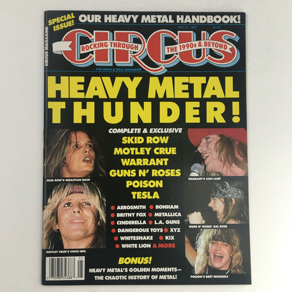 Cover of Circus Magazine from May 31, 1990 featuring Sebastian Bach and Vince Neil, with bold title 'Heavy Metal Thunder!' and highlights of iconic bands like Skid Row and Mötley Crüe.
