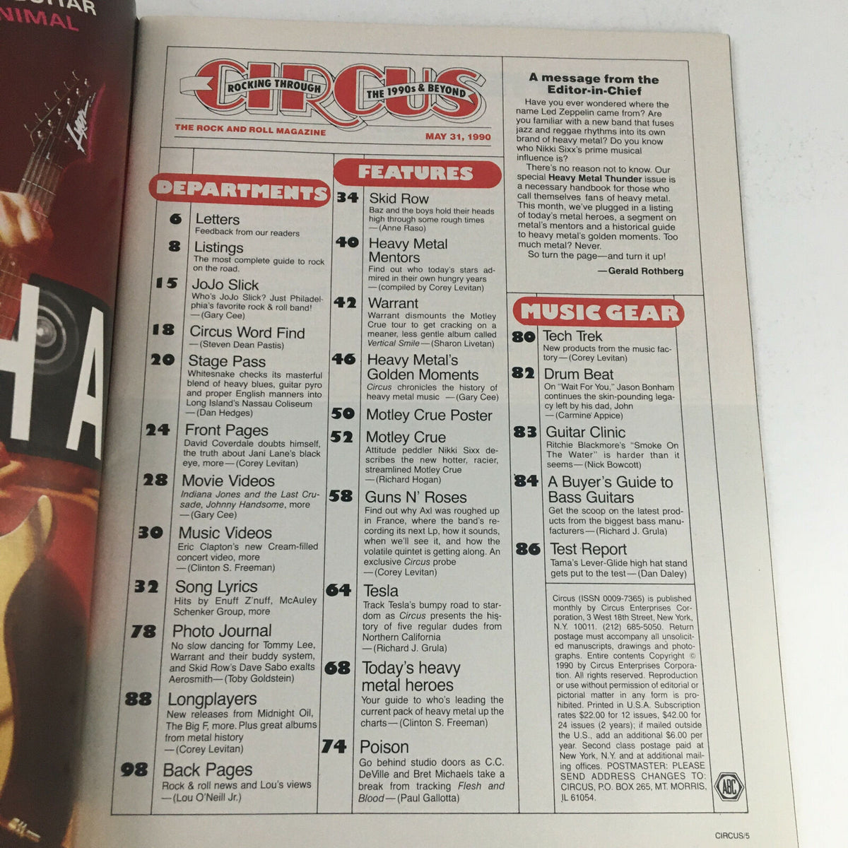 Inside page of Circus Magazine May 31, 1990 showing the Table of Contents with featured artists including Skid Row and Mötley Crüe, alongside various music-related articles.