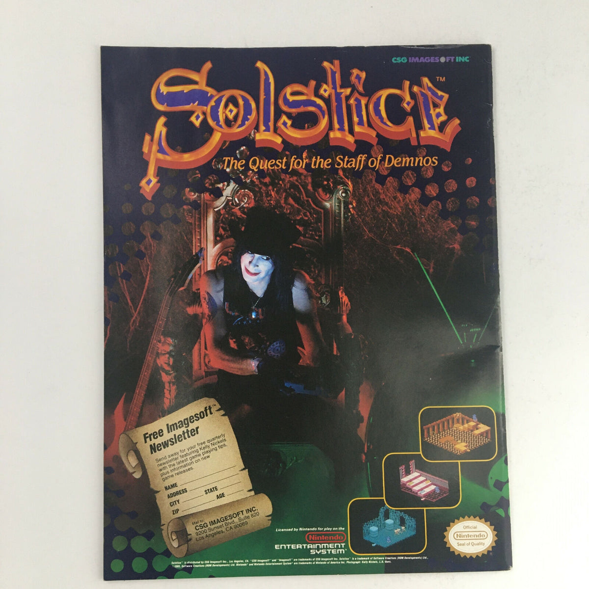 Advertisement from Circus Magazine May 31, 1990 for the video game 'Solstice: The Quest for the Staff of Demnos', featuring a character in a top hat and vibrant background.