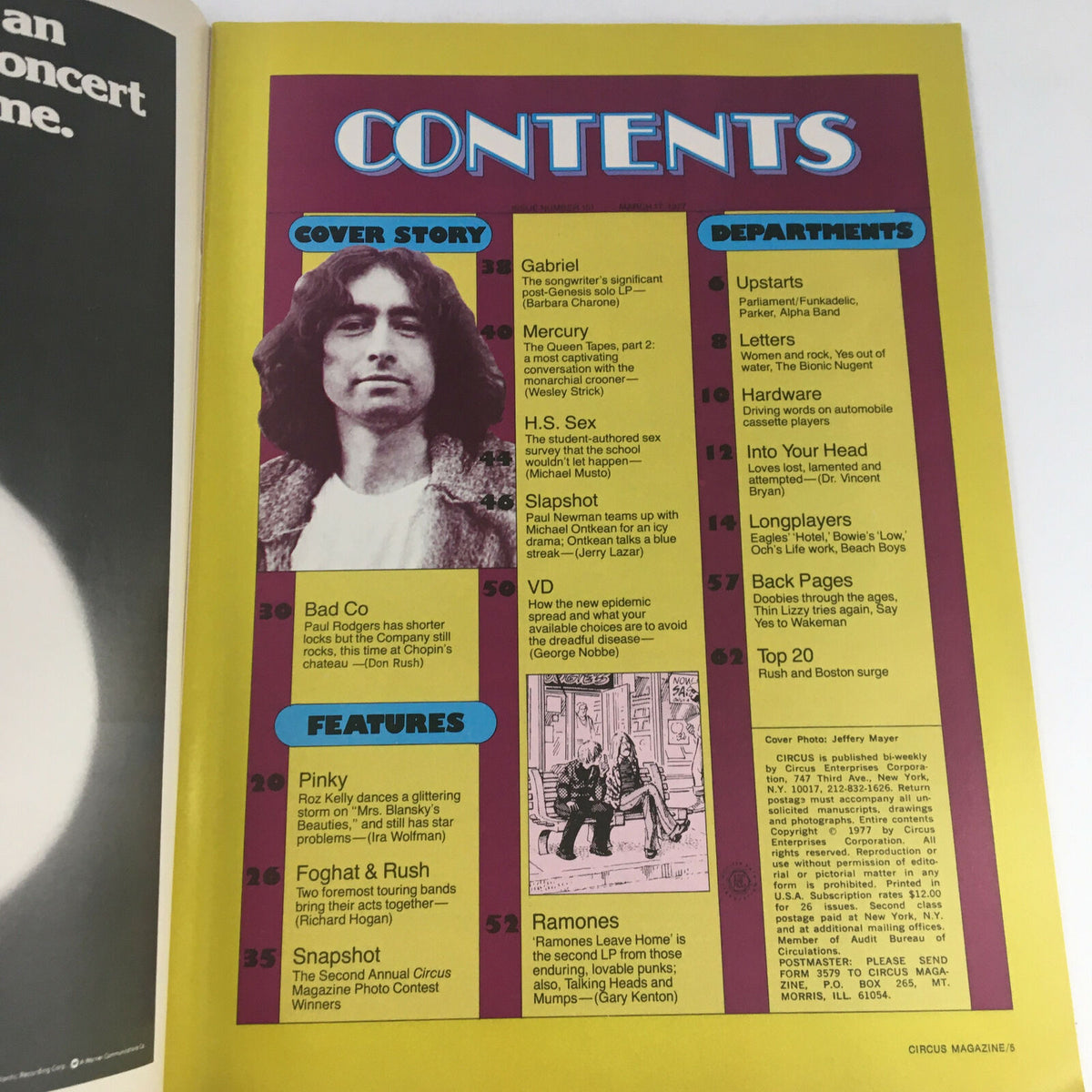 Contents page of Circus Magazine March 17 1977, featuring articles about Paul Rodgers and Freddie Mercury among others.
