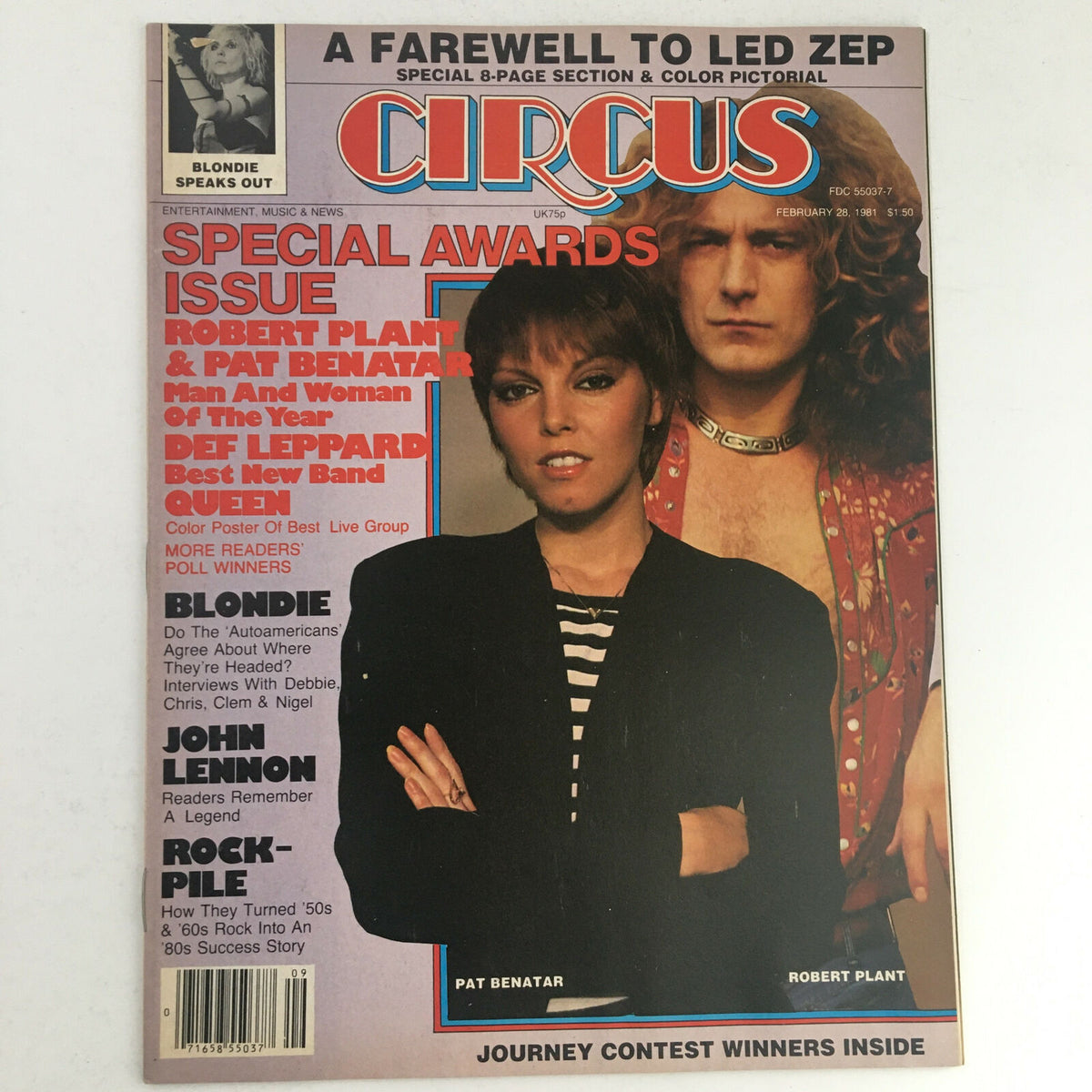 Circus Magazine cover from February 28, 1981, featuring Pat Benatar and Robert Plant. The cover highlights special awards and includes a color poster of Queen, capturing the essence of early '80s rock culture.