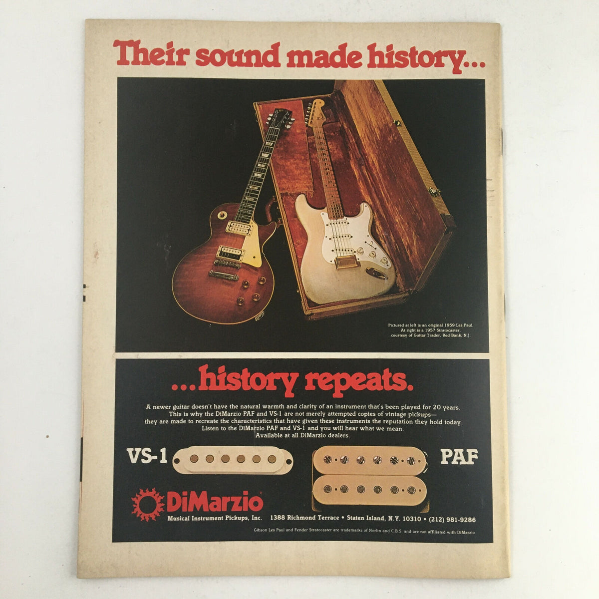 Circus Magazine February 28, 1981 advertisement page showcasing guitars and music equipment, highlighting the legacy of iconic sounds in rock music.