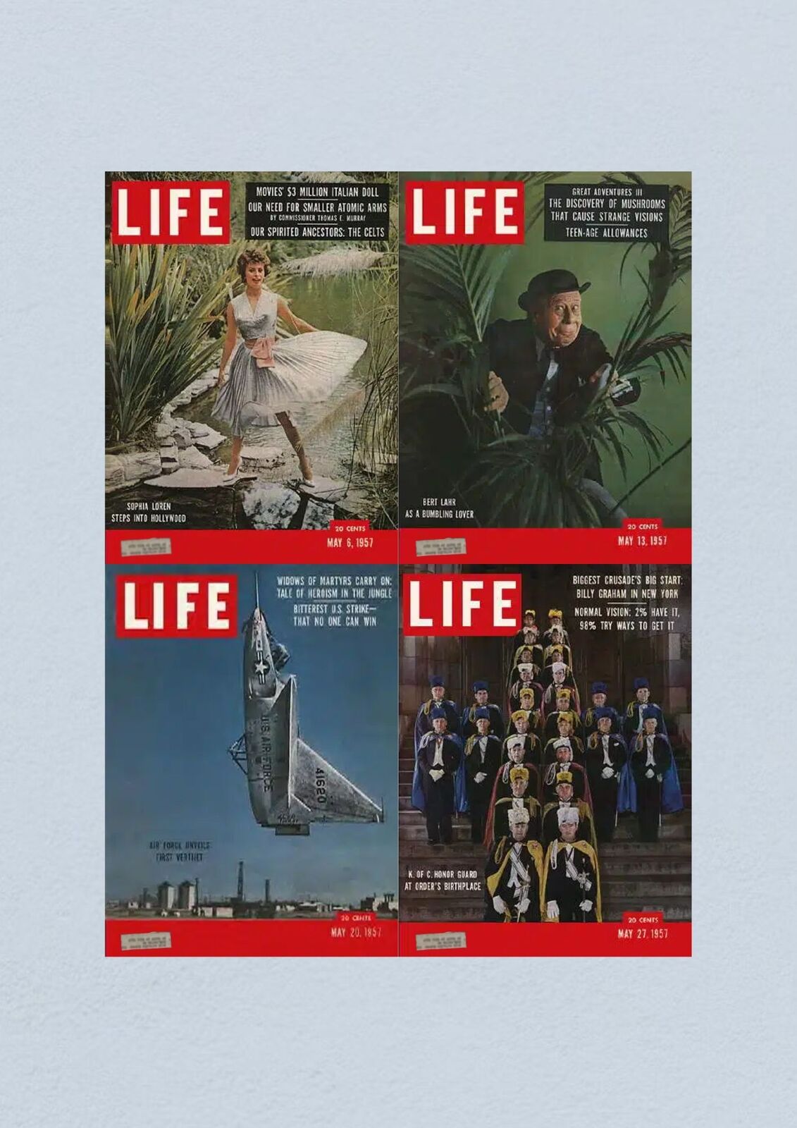 Life Magazine Lot of 4 Full Month May 1957 featuring covers with Sophia Loren, Bert Lahr, an Air Force jet, and an Honor Guard group, highlighting Civil Rights Era events.