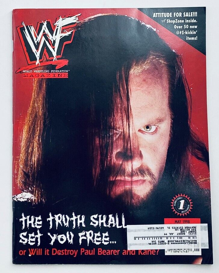 WWF World Wrestling Federation Magazine May 1998 featuring The Undertaker on the cover, showcasing intense artwork and promotional text. This vintage magazine is a collectible item in wrestling history.