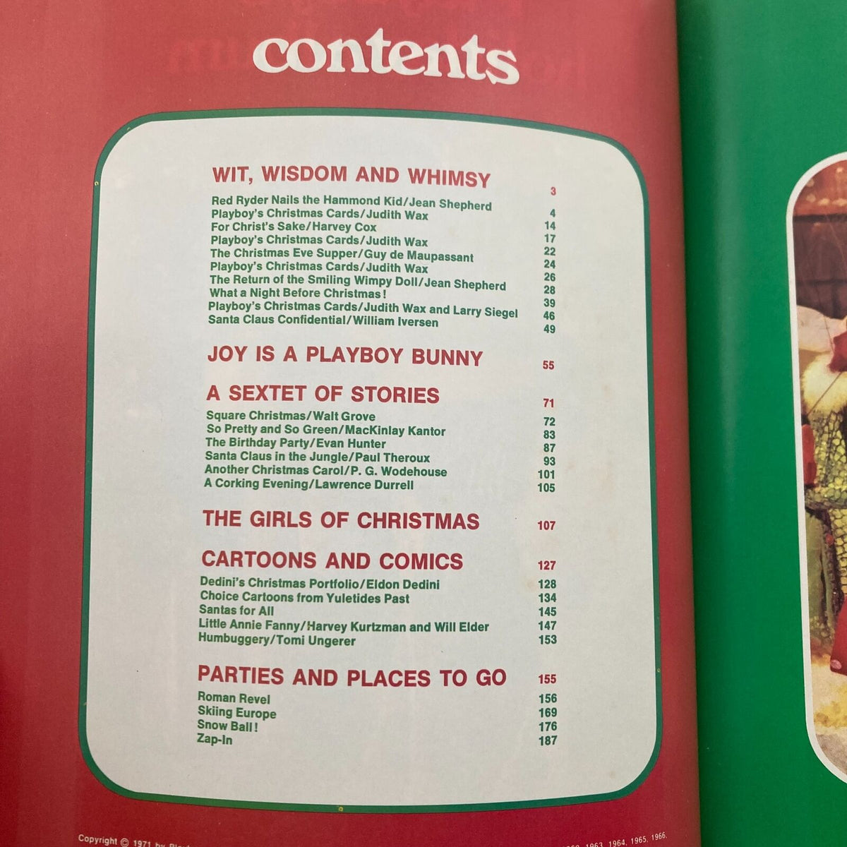 Contents page of VTG 1971 Playboy's Holiday Album detailing sections like 'Wit, Wisdom and Whimsy' and 'Joy is a Playboy Bunny', showcasing various holiday-themed features.