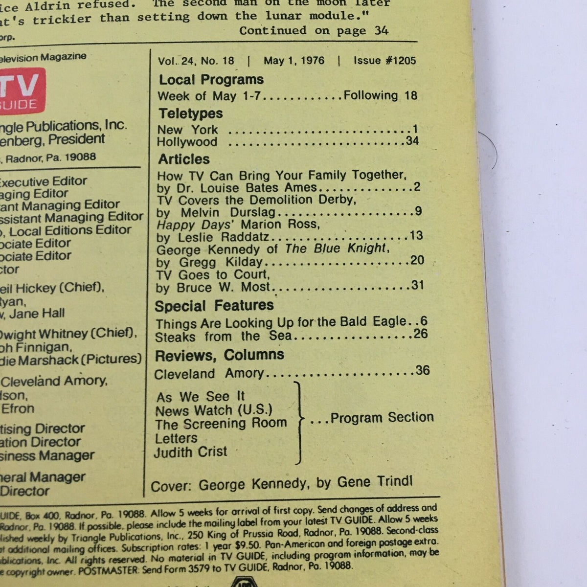 TV Guide Magazine May 1 1976 George Kennedy of The Blue Knight L.A. Edition