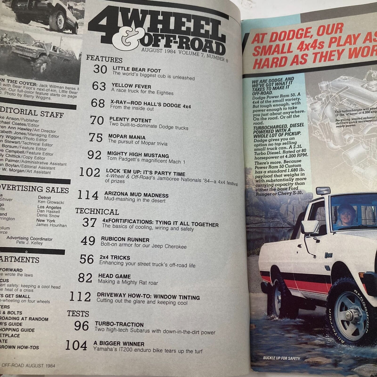 Inside page of VTG Petersen's 4 Wheel & Off-Road Magazine August 1984 listing features and articles, including details about Little Bear Foot and other off-road topics.