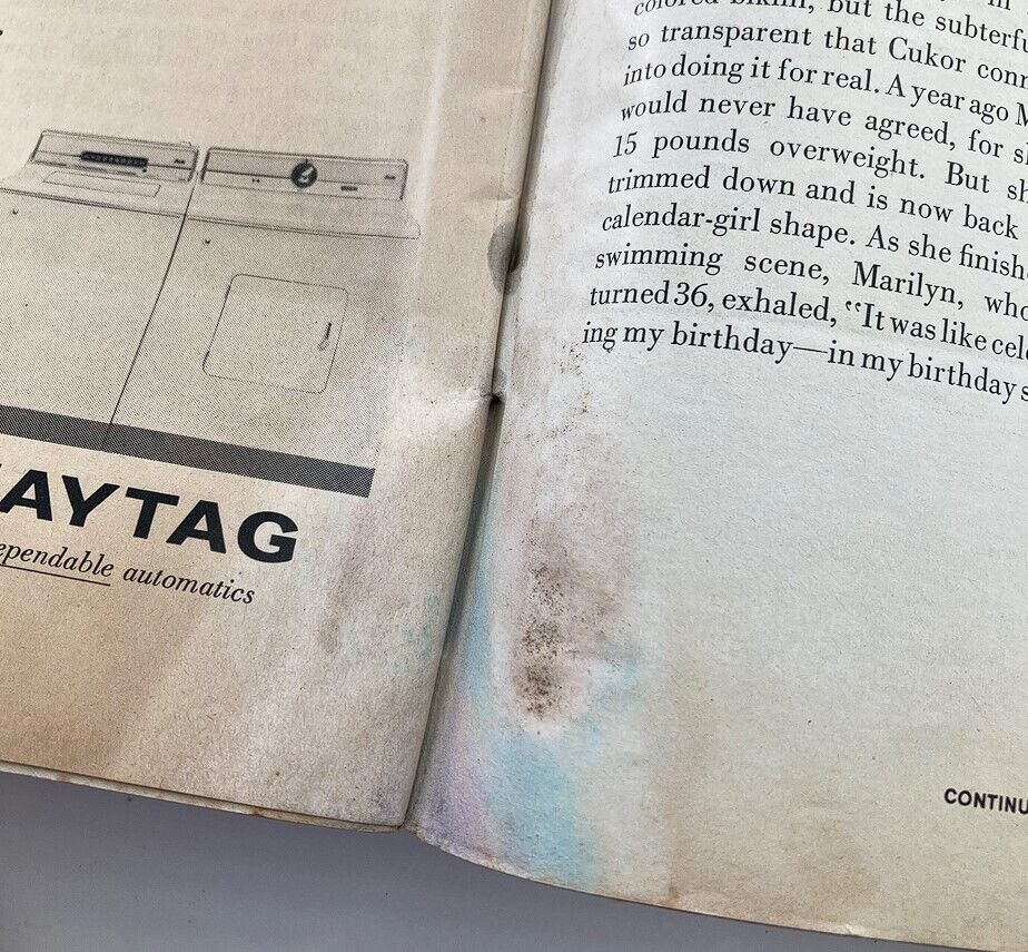Inside page of VTG Life Magazine June 22 1962 showcasing an advertisement for Maytag appliances with visible wear, reflecting vintage magazine quality.